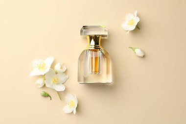 Bir şişe parfüm ve güzel yasemin çiçekleri bej arka planda, düz yerde
