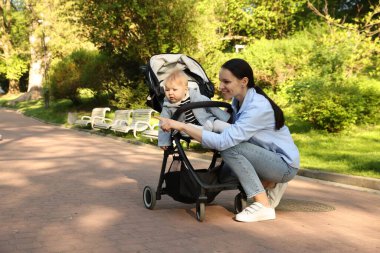 Parkta bebek arabasında sevimli bebeğiyle annesi