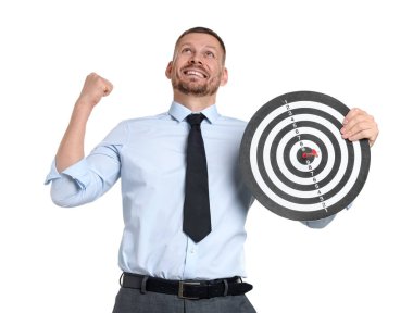 Hedef alınıyor. Beyaz arkaplanda ok ve dart tahtası olan adam