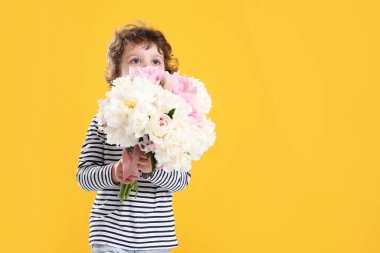 Sarı arka planda bir buket güzel şakayığı olan sevimli küçük bir çocuk. Metin için boşluk