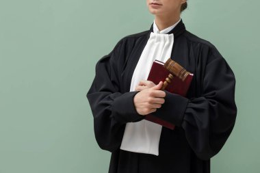 Açık yeşil arkaplan üzerine kitap ve çekiçli yargıç, yakın plan. Metin için boşluk