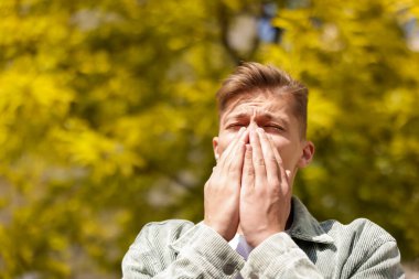 Bahar günü ağaçların yanında mevsimsel polen alerjisi olan genç bir adam. Metin için boşluk