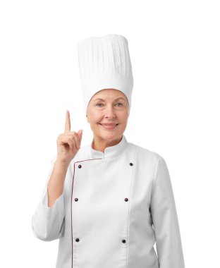 Profesyonel pasta şefi beyaz arka planda fikir jesti gösteriyor.