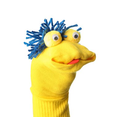 Beyaz saçlı, komik çorap kuklası.