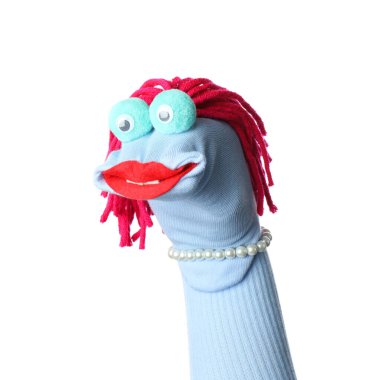 Beyaz saçlı, komik çorap kuklası.