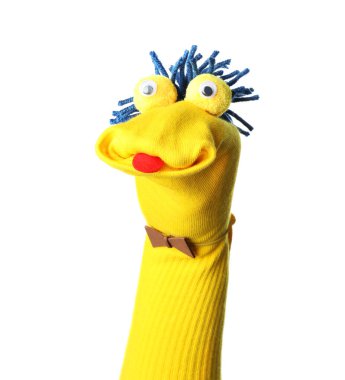 Beyaz saçlı, komik çorap kuklası.