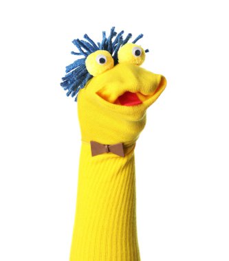 Beyaz saçlı, komik çorap kuklası.