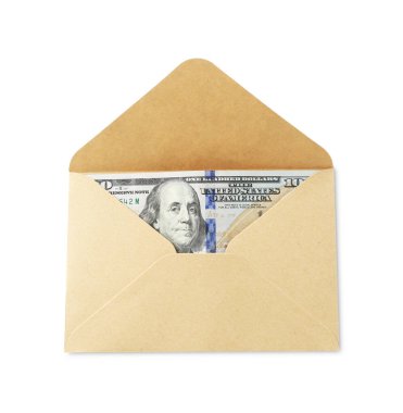 Para bonusu. Üzerinde dolar banknotları olan zarf beyaz, üst görünüm