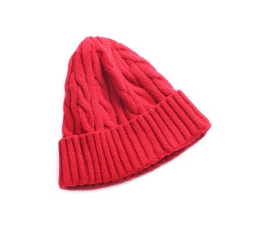 Beyaz, üst görünümde izole edilmiş kırmızı yün şapka