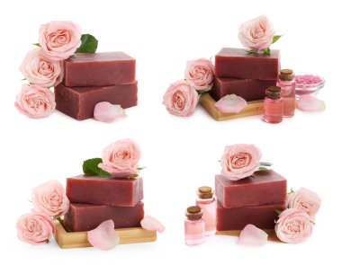 Güllü sabunlar ve beyaza izole edilmiş gerekli yağ, kolaj