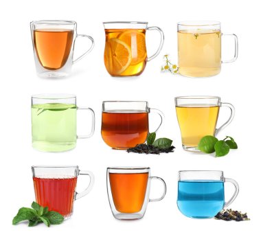 Beyaz ve sette izole edilmiş cam bardaklardaki farklı çay türleri.