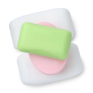 Birçok sabun kalıbı beyaza izole edilmiş, üst manzara. Kişisel temizlik.