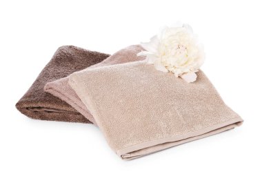 Yumuşak havlular ve şakayık çiçekleri beyaz üzerine izole edilmiş.