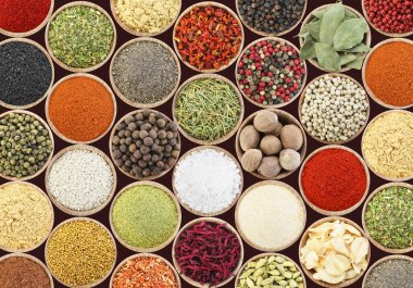 Siyah arka plandaki kaselerde farklı aromatik baharatlar dizisi.
