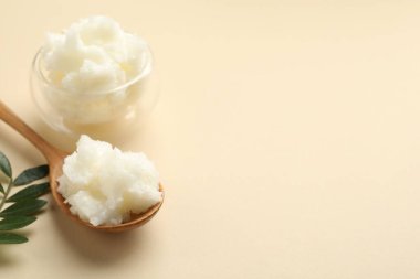 Bej arka planda Shea tereyağı ve yapraklar, yakın plan. Metin için boşluk