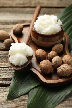 Doğal Shea yağı, fındık ve yapraklar ahşap masada, yakın plan.
