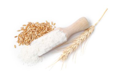 Buğday unu, tahıllar ve beyaz arka plan, üst görünüm