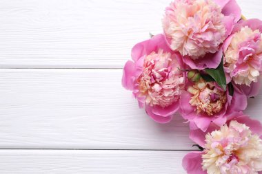 Beyaz ahşap masa üzerinde güzel şakayıklar, düz yatış. Metin için boşluk