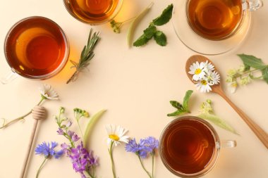 Cam fincanlarda aromatik bitki çayı ve bej arka planda farklı çiçekler, düz yatak. Metin için boşluk