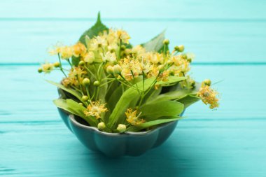 Kireç çiçekli dallar ve turkuaz ahşap masada yeşil yapraklar, yakın plan.