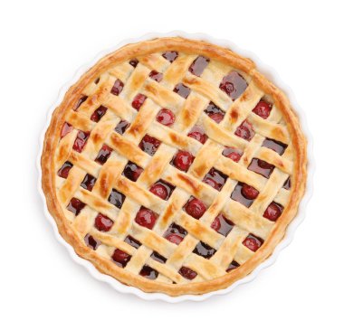 Kirazlı turta beyaza izole edilmiş, üst manzara