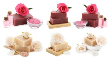 Güllü sabunlar ve beyaza izole edilmiş gerekli yağ, kolaj