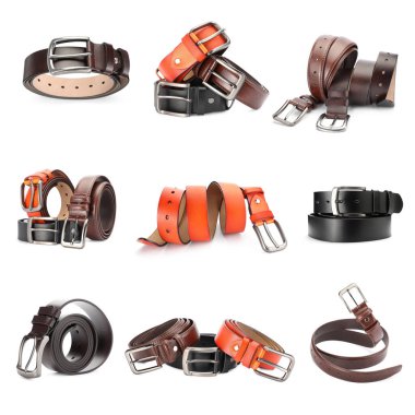 Beyaz arka planda farklı deri kemerler, kolaj