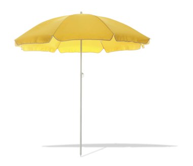Sarı plaj şemsiyesi beyaz arka plana gölge düşürüyor