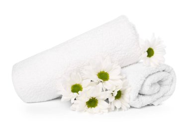 Yumuşak havlular ve beyaza izole edilmiş kasımpatı çiçekleri.