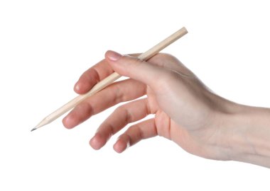 Beyaz arka planda grafit kalemi olan kadın, yakın plan