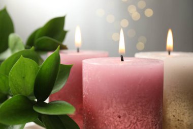 Masada yanan mumlar ve yeşil yapraklar bulanık ışıklara karşı, yakın çekim