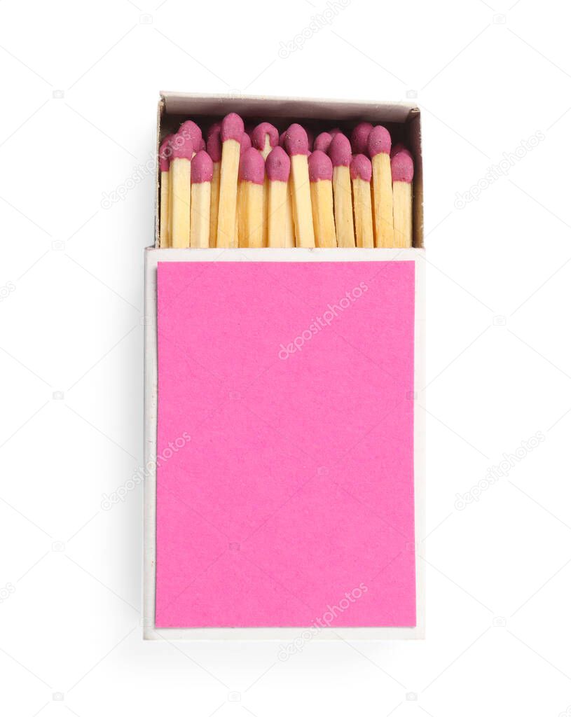 Matches in box isolated on white, top view. Mockup for design