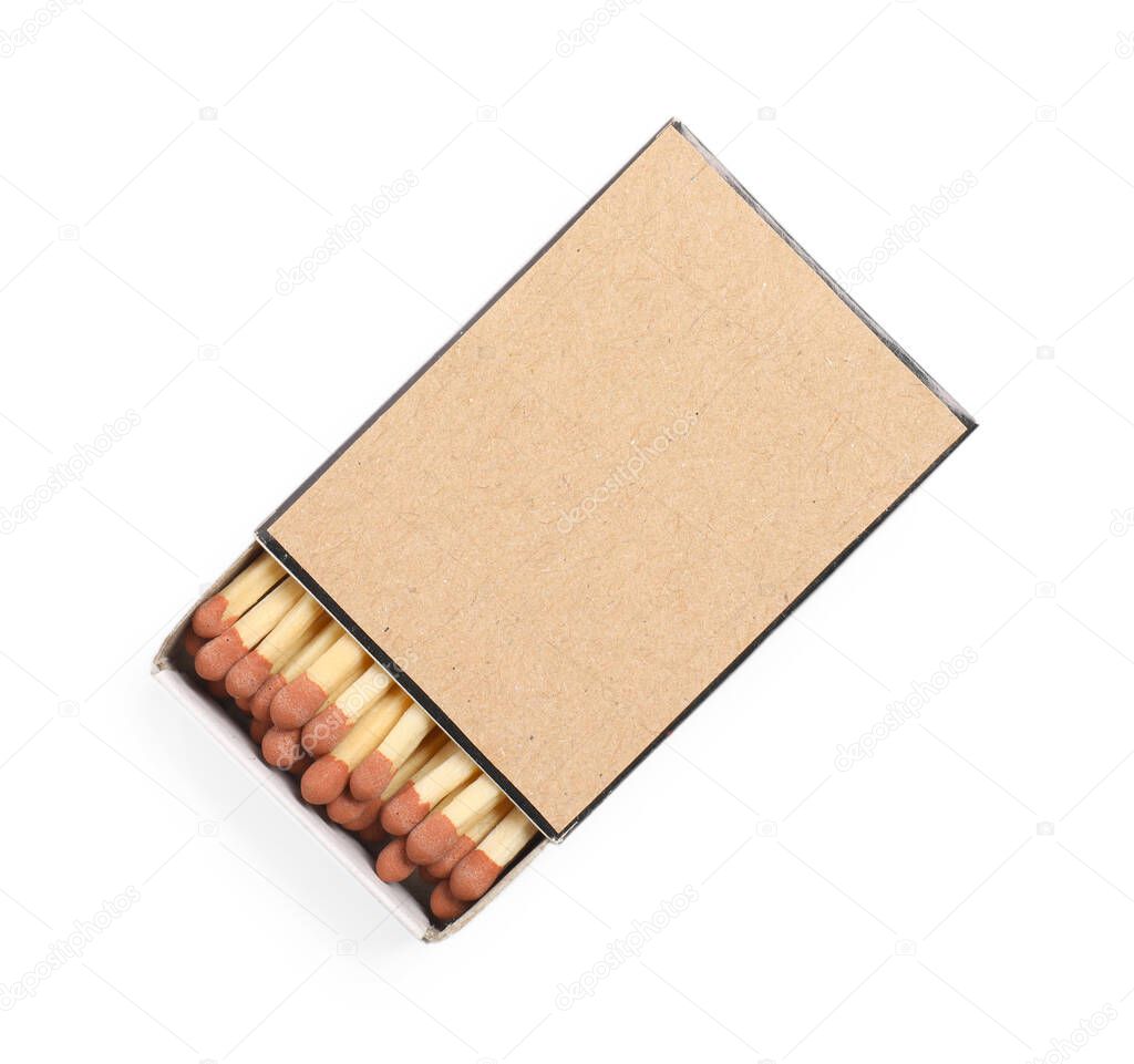 Matches in box isolated on white, top view. Mockup for design