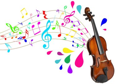 Beyaz arka planda klasik keman. Enstrümandan akan renkli notalar ve damlacıklar