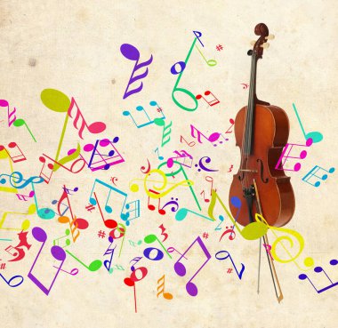 Bej arkaplanda yay ve renkli notalarla çello