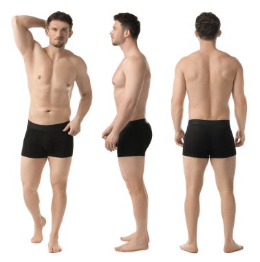 Beyaz arka planda siyah iç çamaşırlı yakışıklı bir adam, kolaj. Farklı taraflardan görünüm