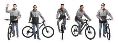 Beyaz arka planda bisikleti olan genç bir adam, fotoğraf kolajı.