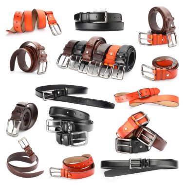 Beyaz arka planda farklı deri kemerler, kolaj