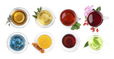 Beyaza izole edilmiş cam bardaklardaki farklı çay çeşitleri. Üst görünüm