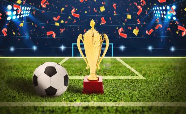 Futbol şampiyonası. Stadyumda düşen konfeti altında parlak altın kupa ve futbol topu, pankart tasarımı