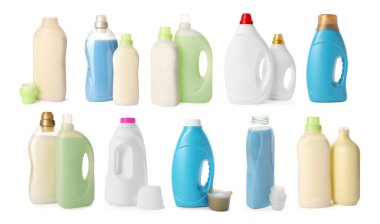 Şişelerdeki yumuşatıcılar beyaza izole edilmiş.