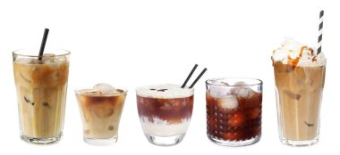 Farklı soğuk kahve içecekler. Beyaza izole edilmiş, ayarlanmış.