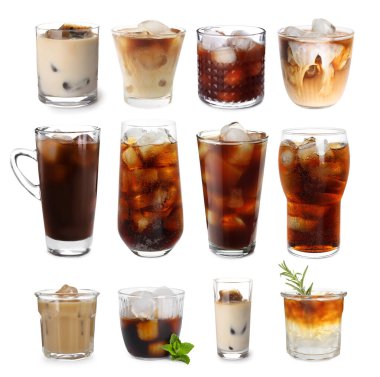 Farklı soğuk kahve içecekler. Beyaza izole edilmiş, ayarlanmış.