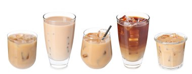 Farklı soğuk kahve içecekler. Beyaza izole edilmiş, ayarlanmış.