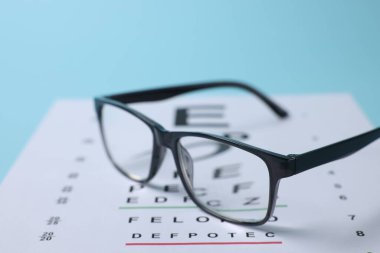 Açık mavi arkaplanda gözlük ve görüş testi grafiği, yakın plan