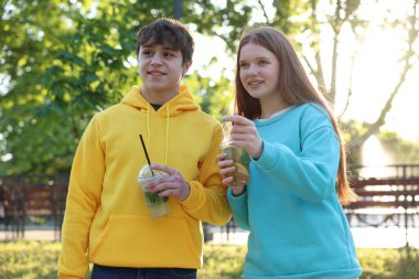 Parkta içki içen genç bir kız ve oğlan.