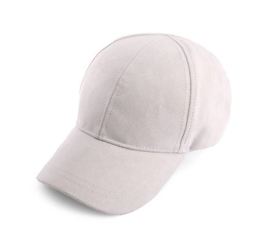 Beyazda izole edilmiş bej bir beyzbol şapkası.