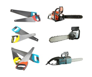 Farklı el testereleri ve testereler beyaz kolajda izole edilmiş.