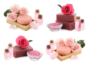 Güllü sabunlar ve beyaza izole edilmiş gerekli yağ, kolaj