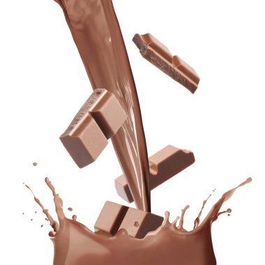 Çikolatalı süt ve uçan çikolata parçaları beyaz arka plana dökülüyor.